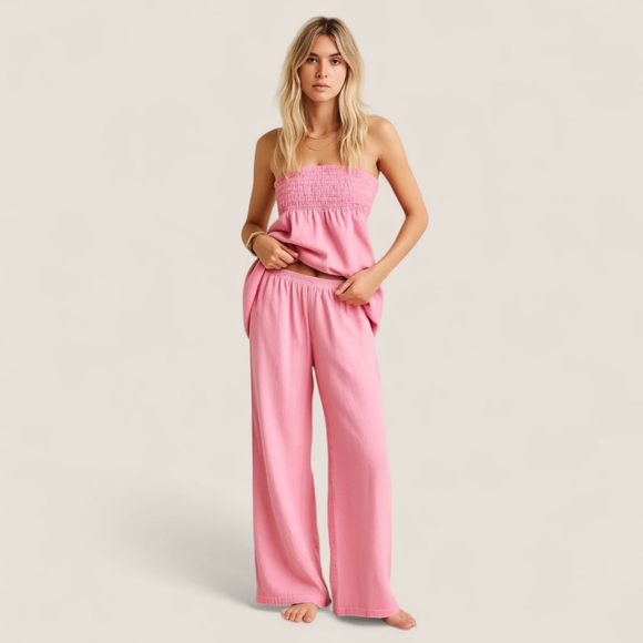 Anthropologie Linen Aubrey Smocked Wide Leg Pants Candy Pink NWT | M - Picture 1 of 11